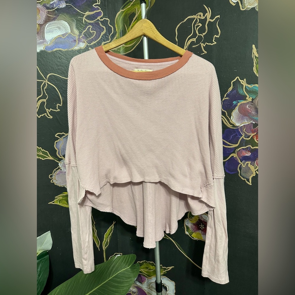FP We The Free waffle knit pink thermal, cropped front with longer back